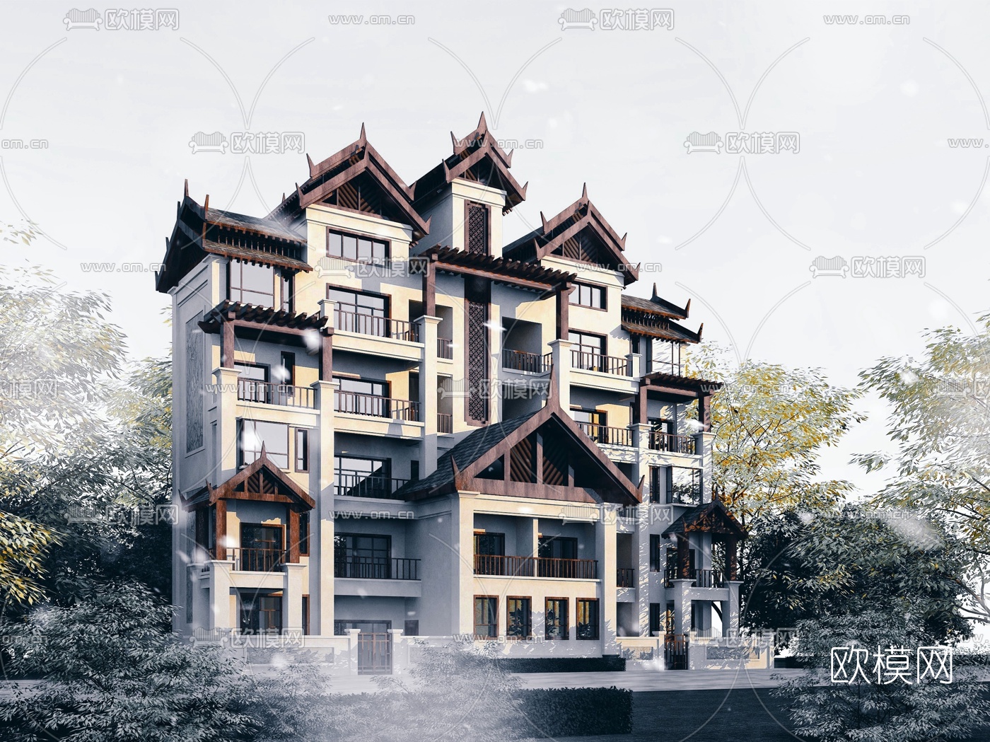 东南亚退台别墅外观3d模型下载