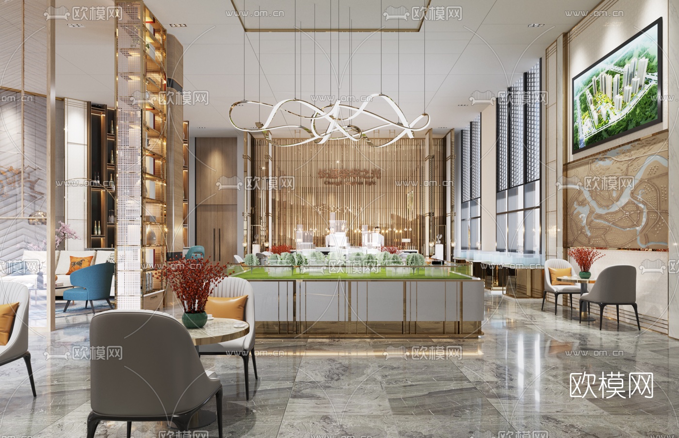 现代轻奢售楼处3d模型下载（渲染图1）