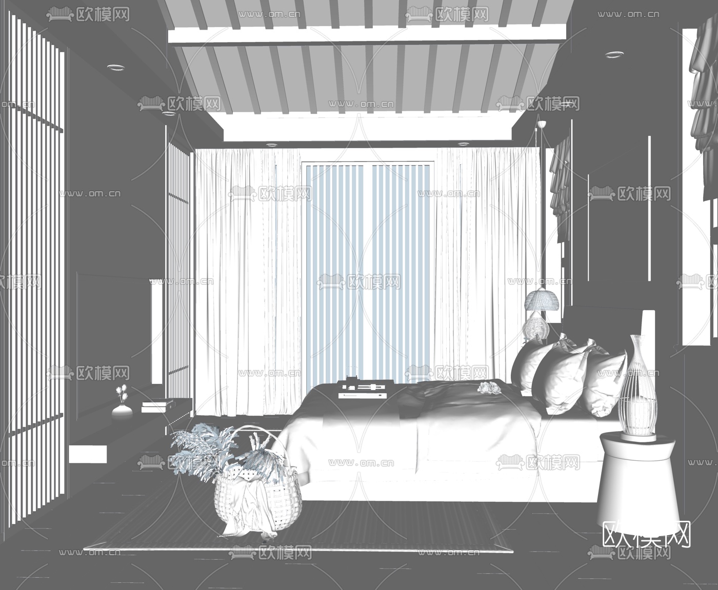 新中式民宿客房su模型下载（渲染图2）