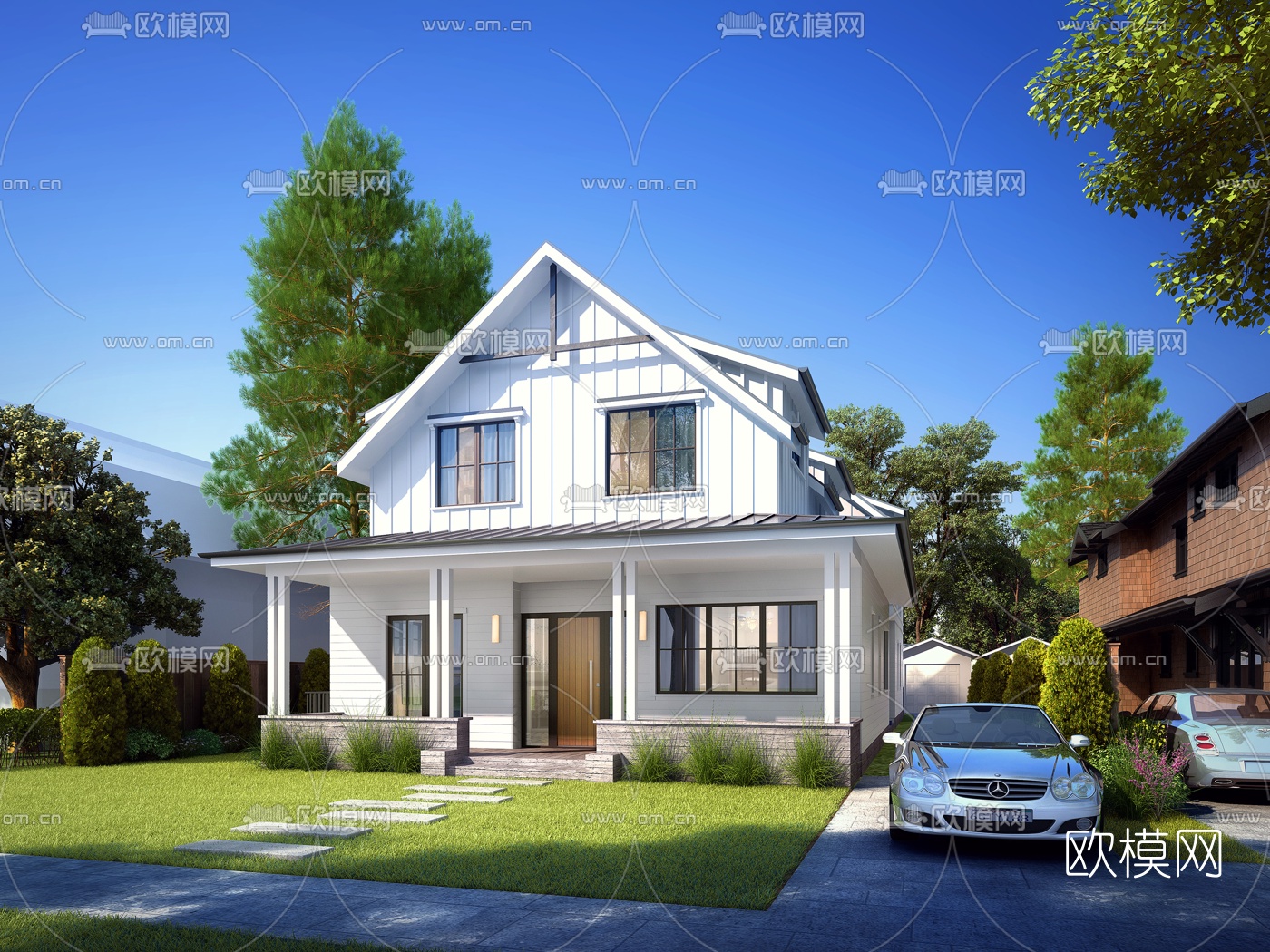 美式独栋别墅建筑外观3d模型下载