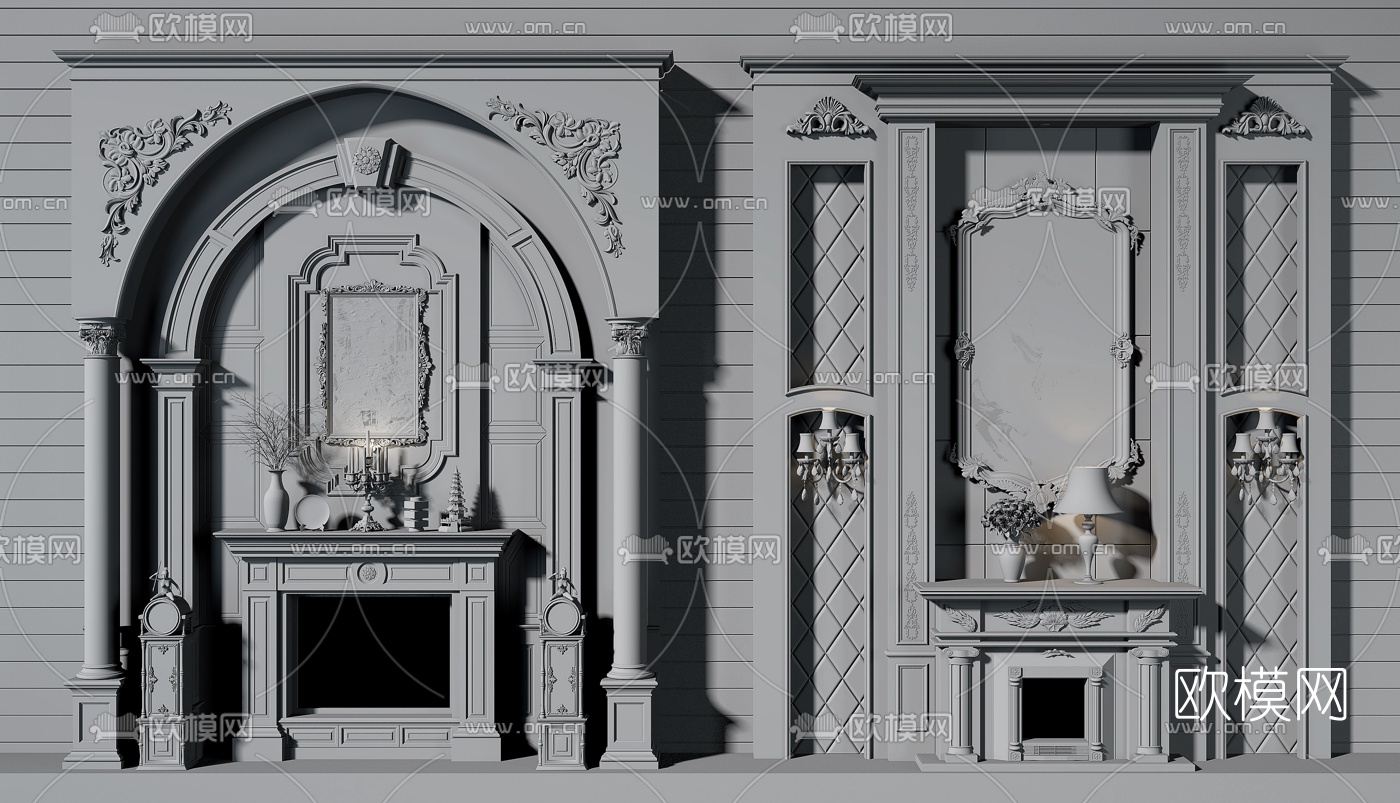欧式壁炉背景墙组合3d模型