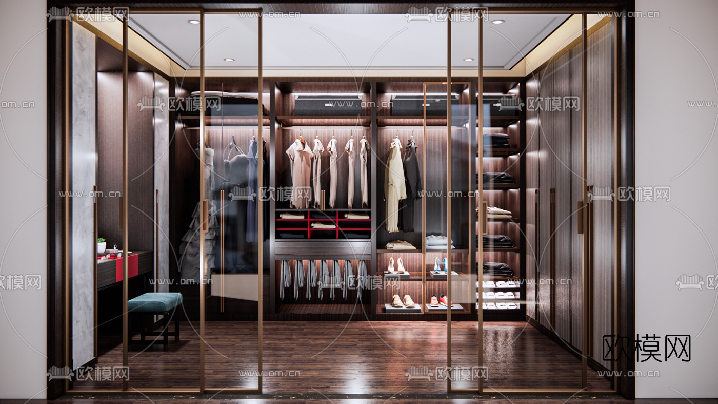 现代轻奢衣帽间su模型下载（渲染图1）