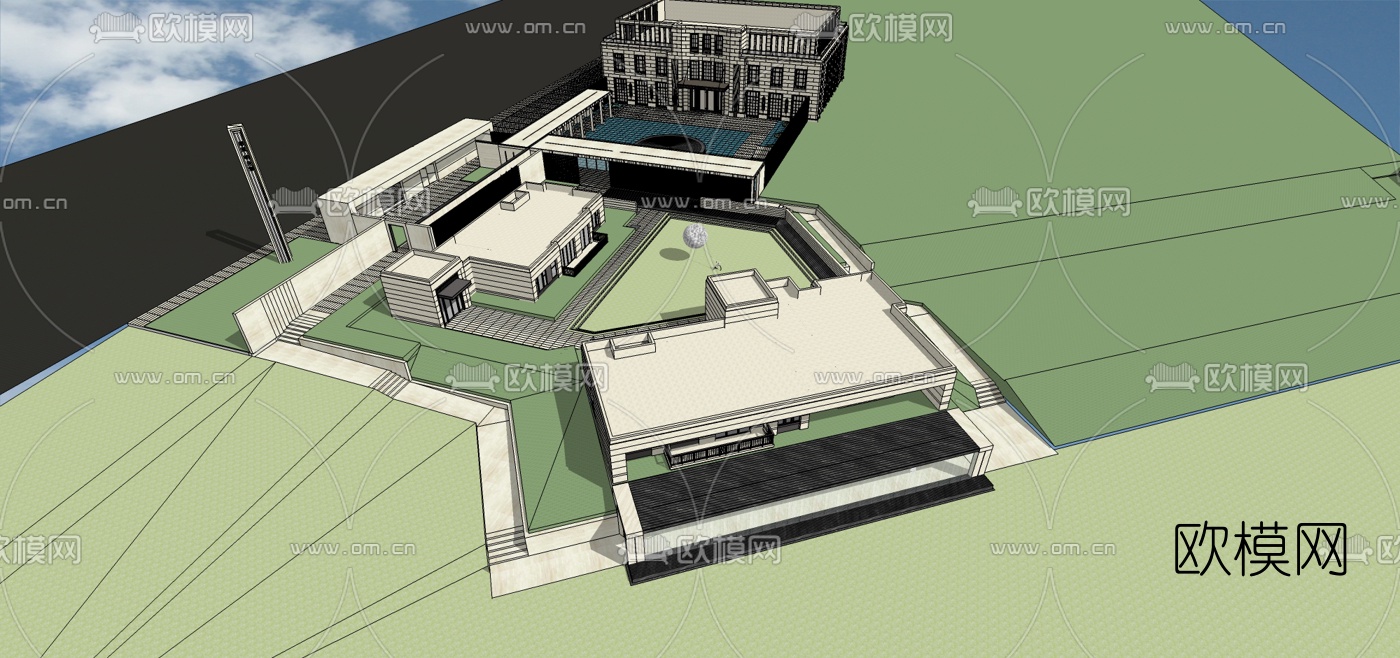 新古典会所建筑外观su模型下载（渲染图4）