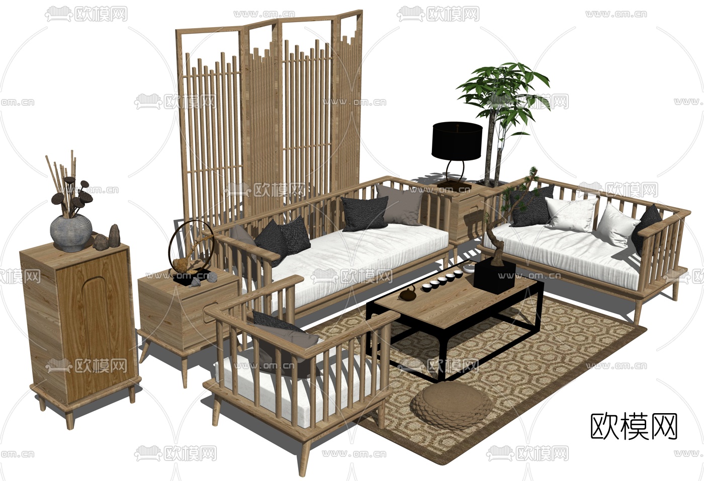 日式实木沙发组合su模型下载（渲染图2）