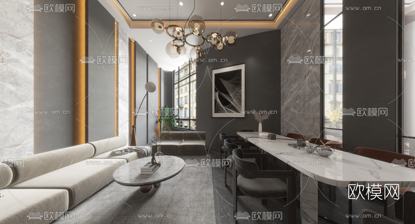 现代高级灰客厅餐厅vr全景3d模型