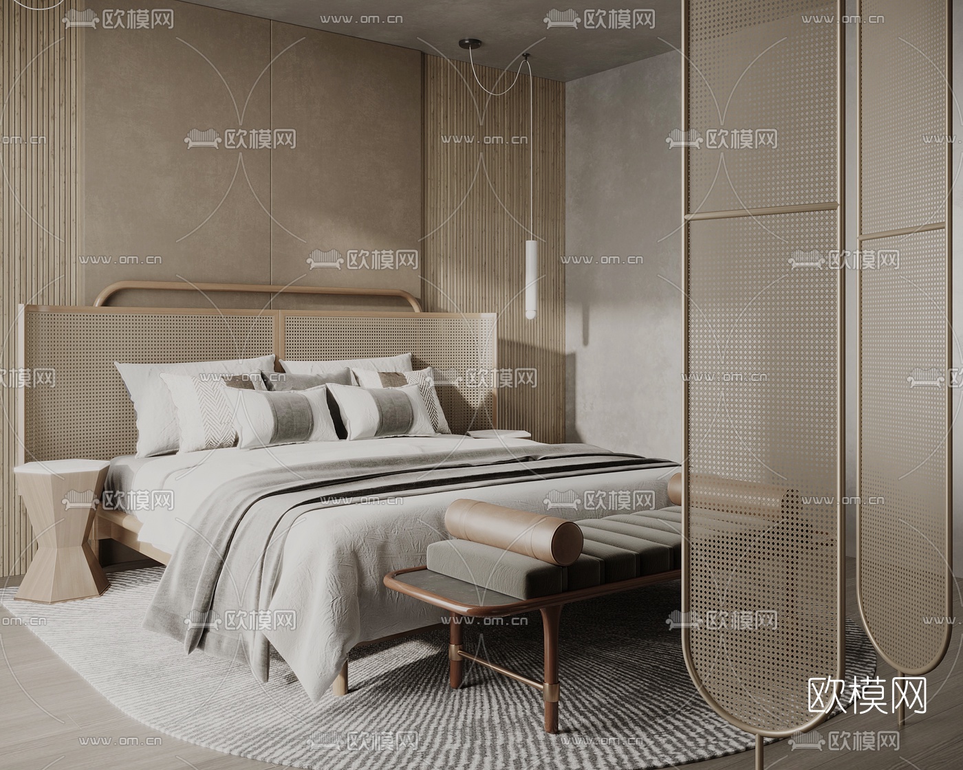 北欧藤编双人床su模型下载