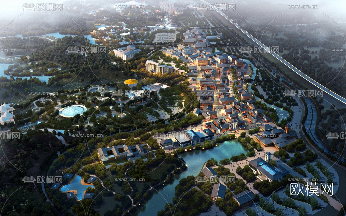 中式建筑鸟瞰规划3d模型