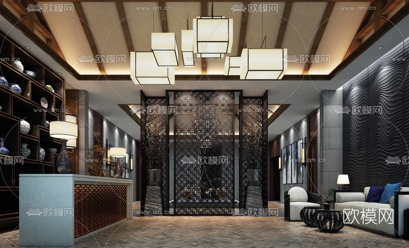 中式酒店大堂免费3d模型下载（渲染图2）