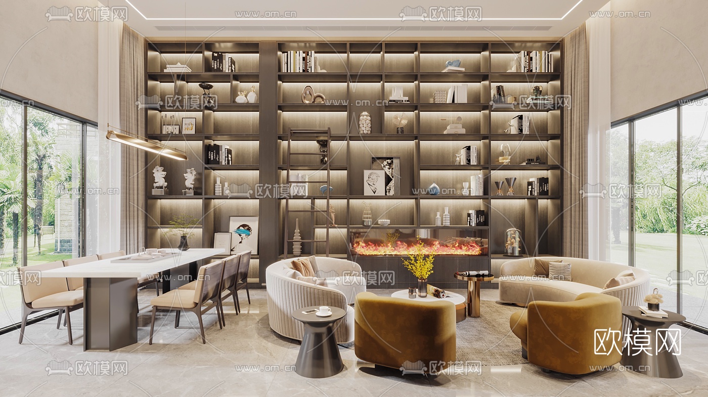 现代别墅客厅餐厅3d模型下载（渲染图1）