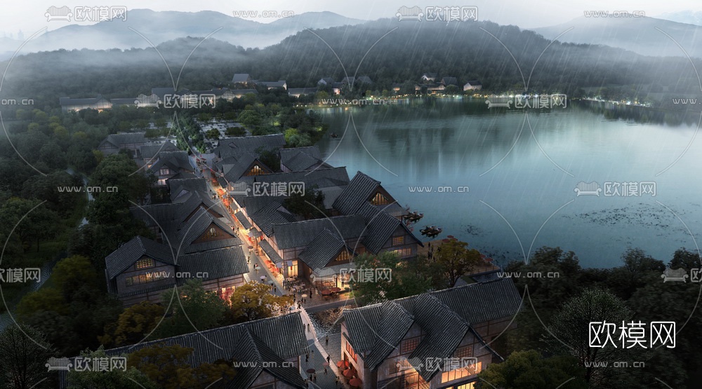 中式古建商业街鸟瞰夜景3d模型下载