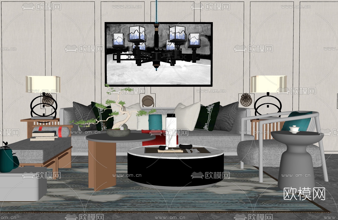 新中式布艺沙发组合su模型下载