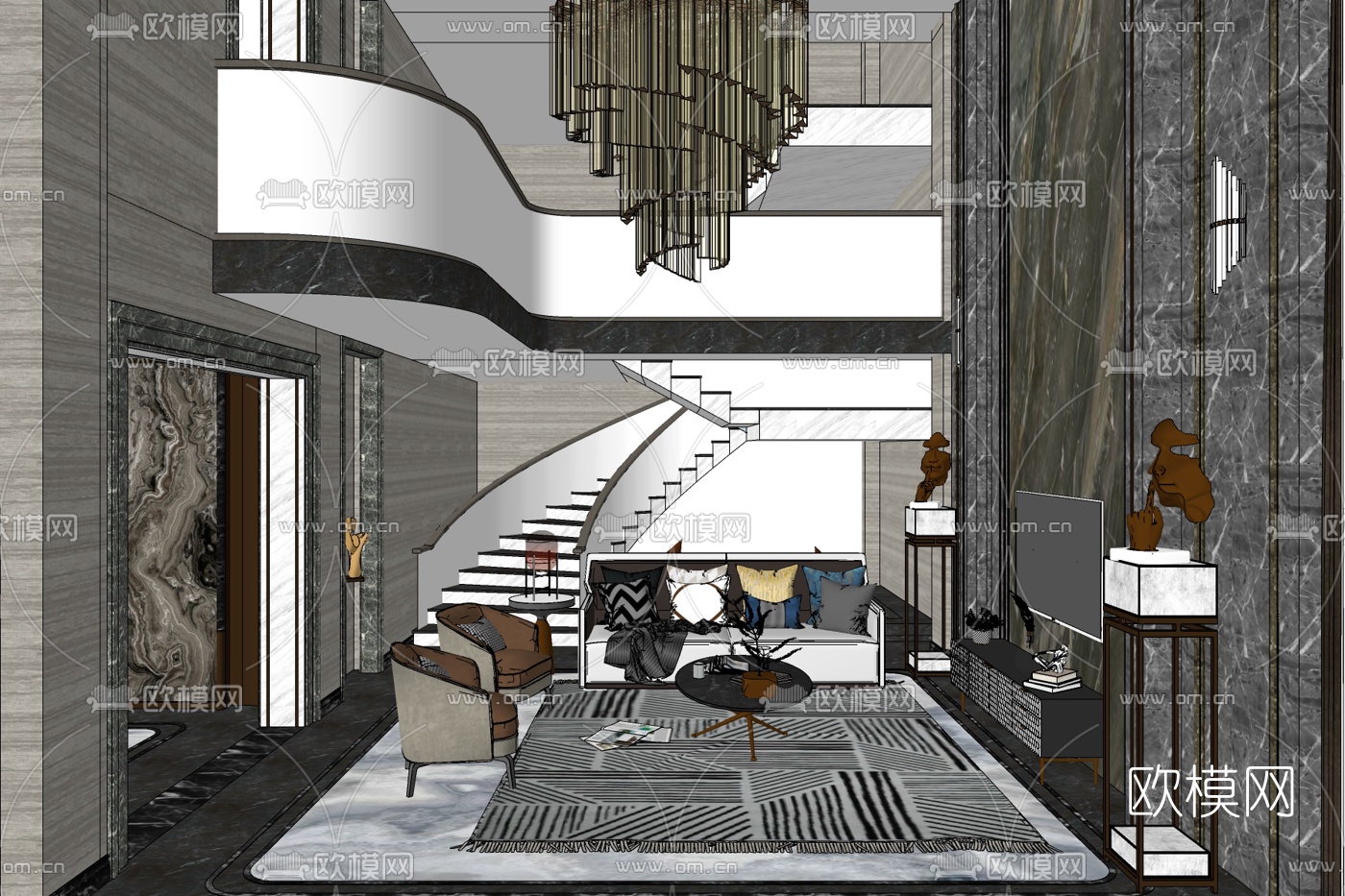 现代轻奢别墅大堂免费su模型下载