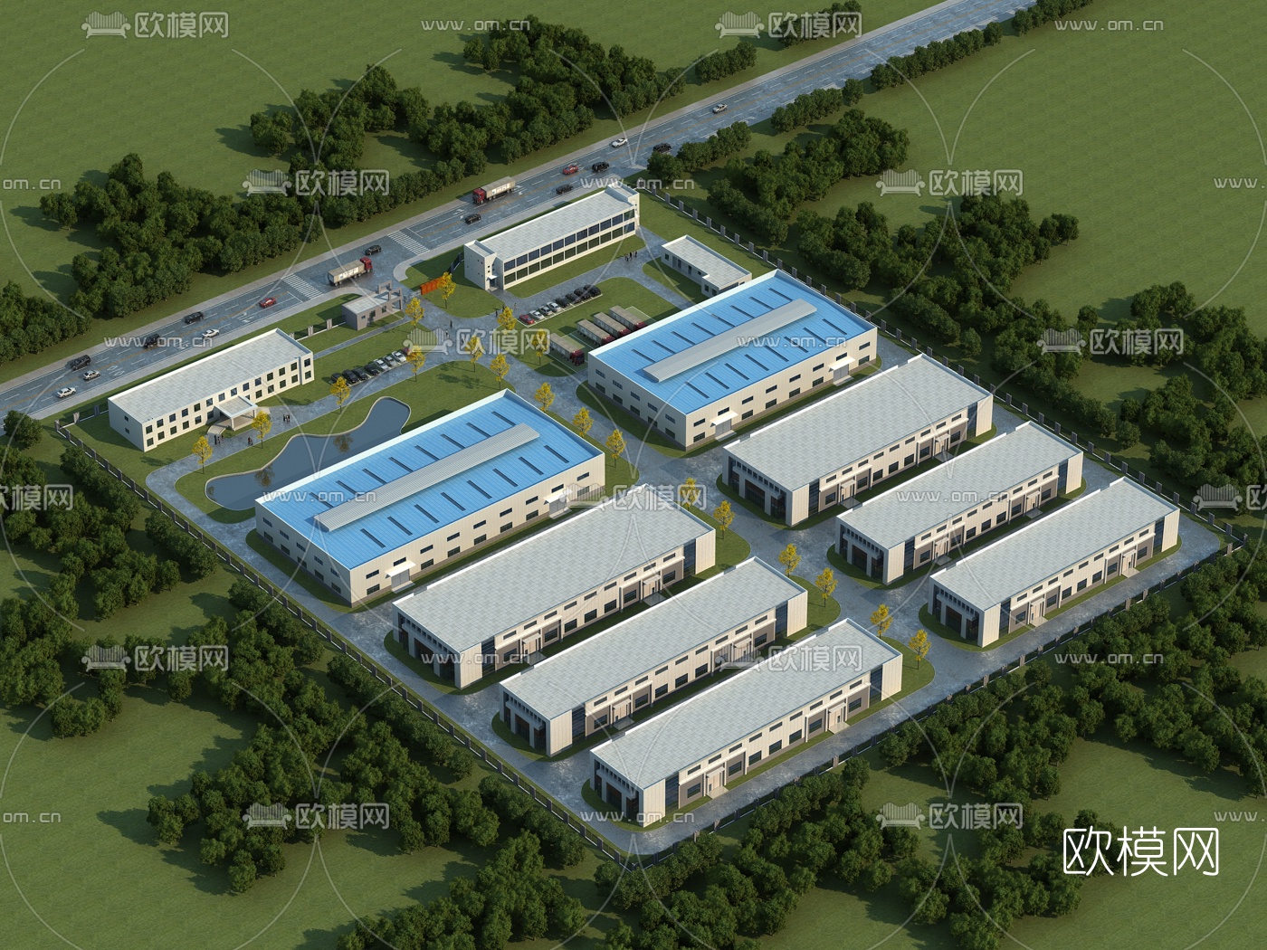 现代厂房厂区鸟瞰规划3d模型下载