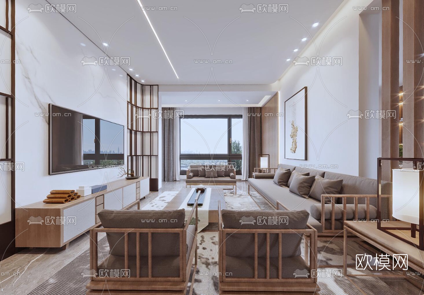 新中式客厅餐厅cr全景3d模型