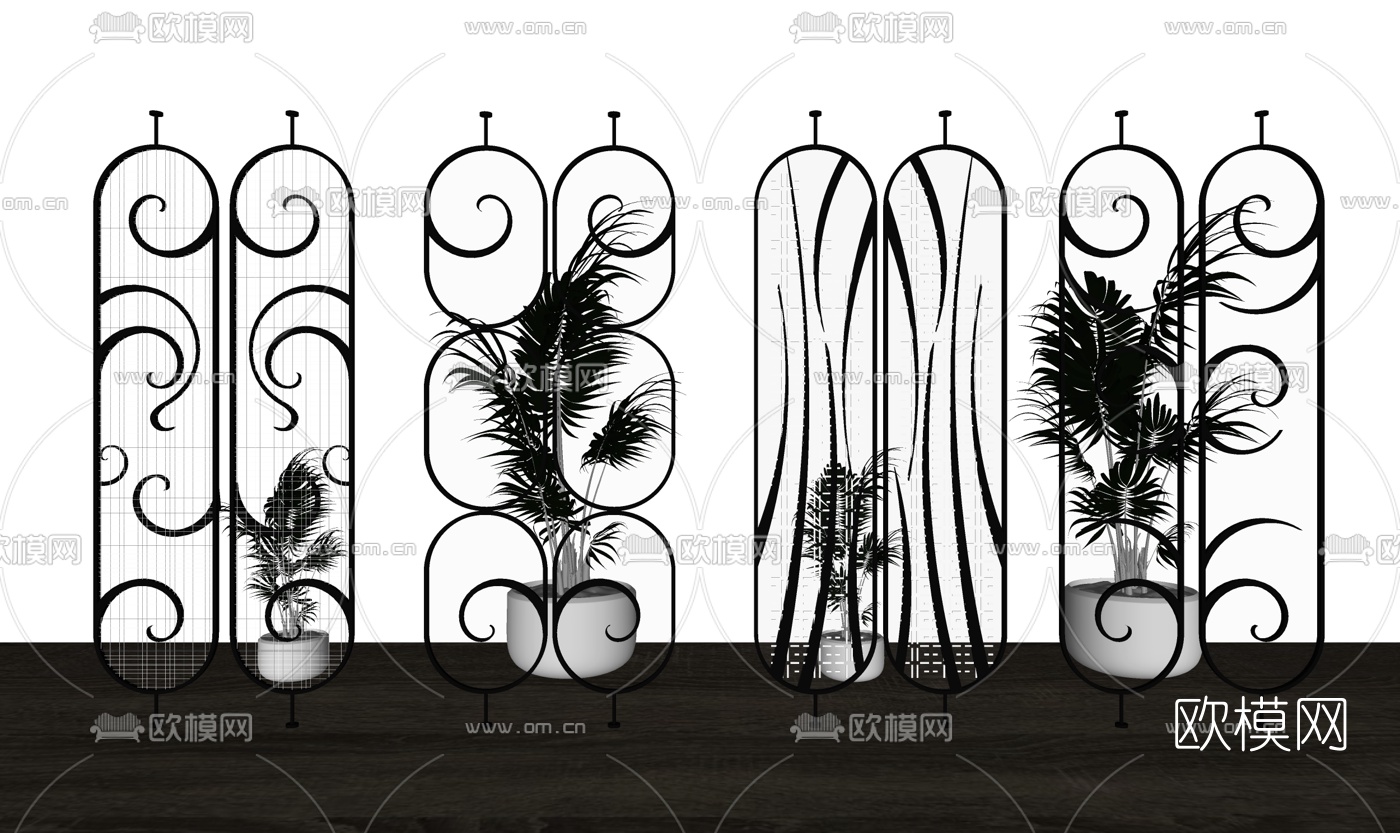 现代铁艺绿植隔断su模型下载