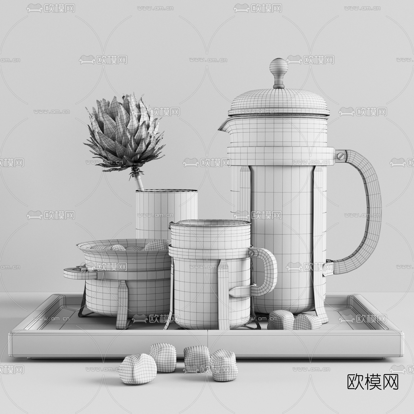 现代咖啡茶具3d模型下载（渲染图2）