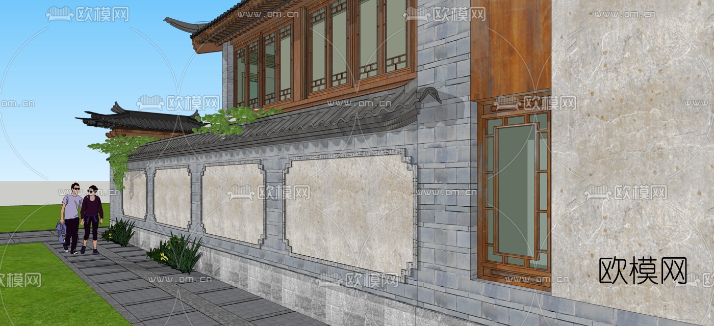 中式三开间院子su模型下载（渲染图3）