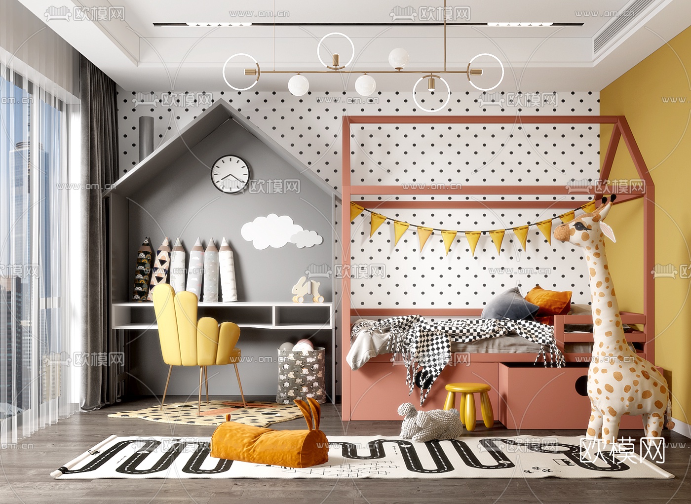 北欧儿童房卧室3d模型下载（渲染图1）
