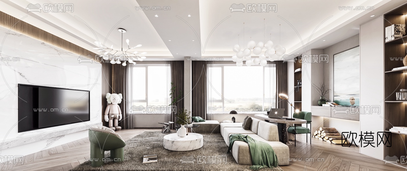 现代轻奢客厅餐厅3d模型