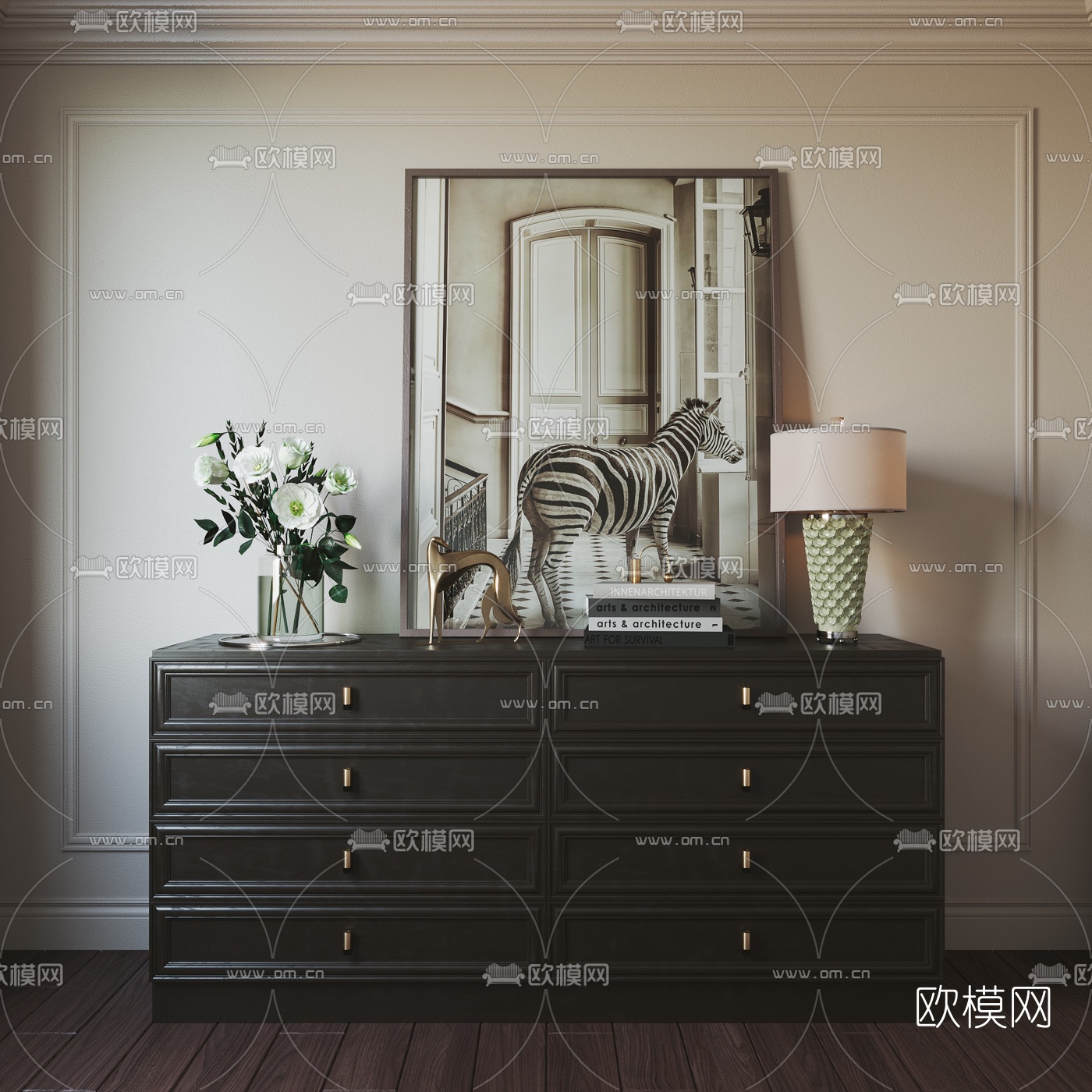 简欧实木边柜3d模型下载（渲染图1）