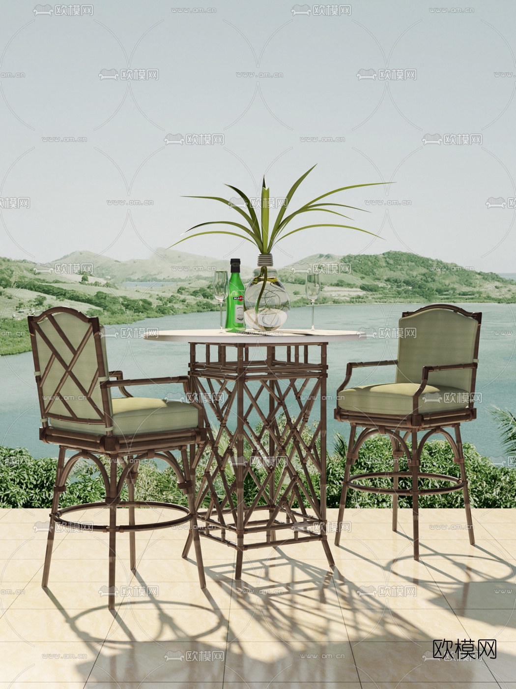 美国Lexington品牌 美式竹编户外吧台椅3d模型下载