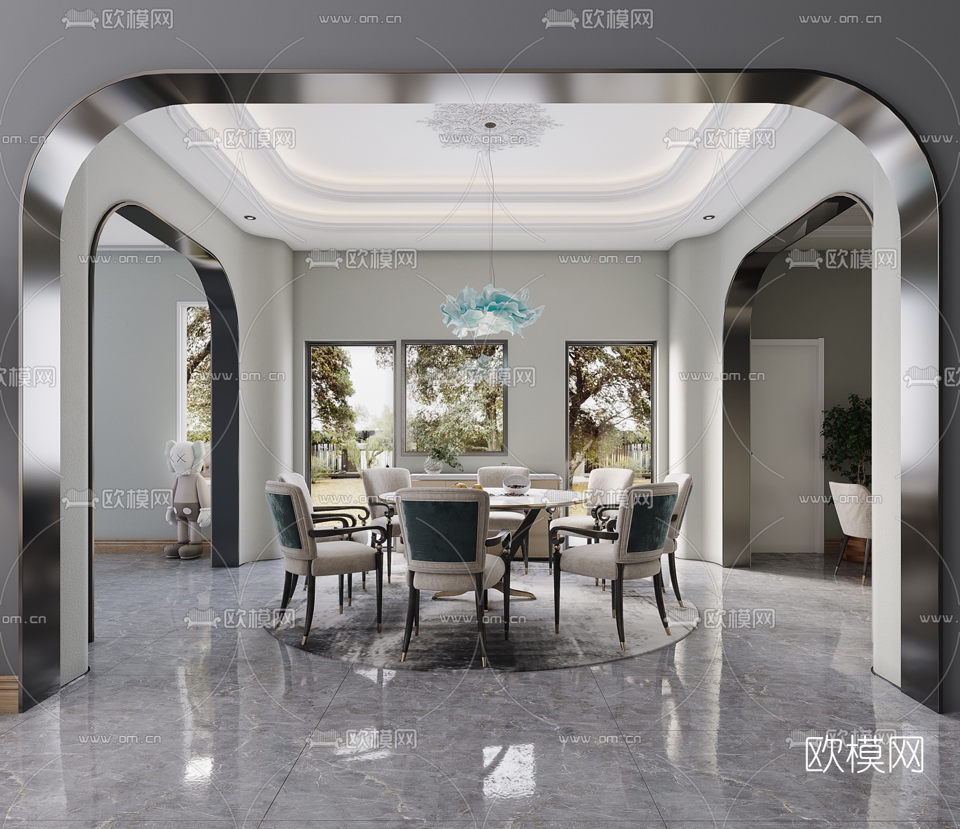 美式别墅客厅餐厅3d模型下载（渲染图2）