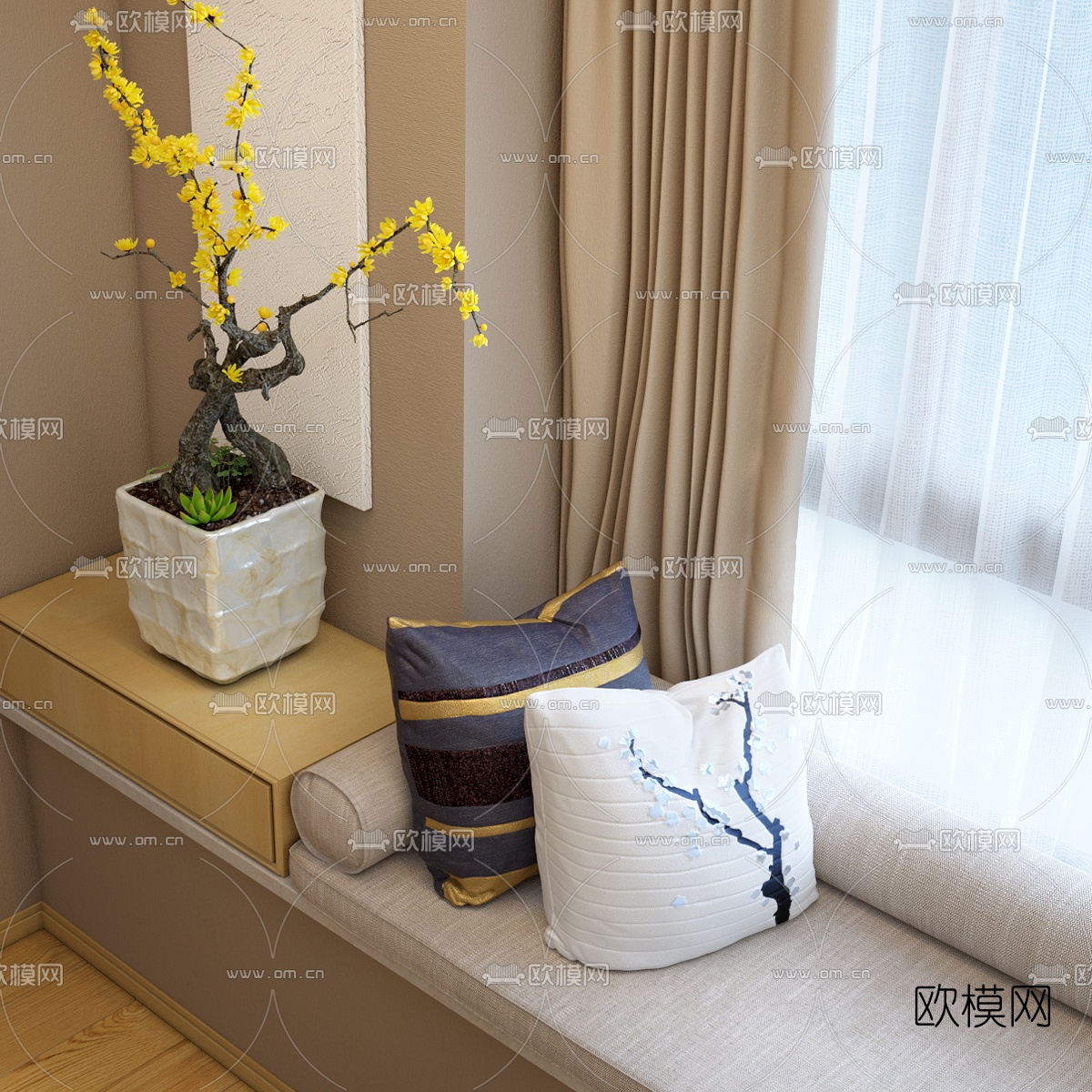 新中式腊梅盆栽3d模型下载（渲染图2）