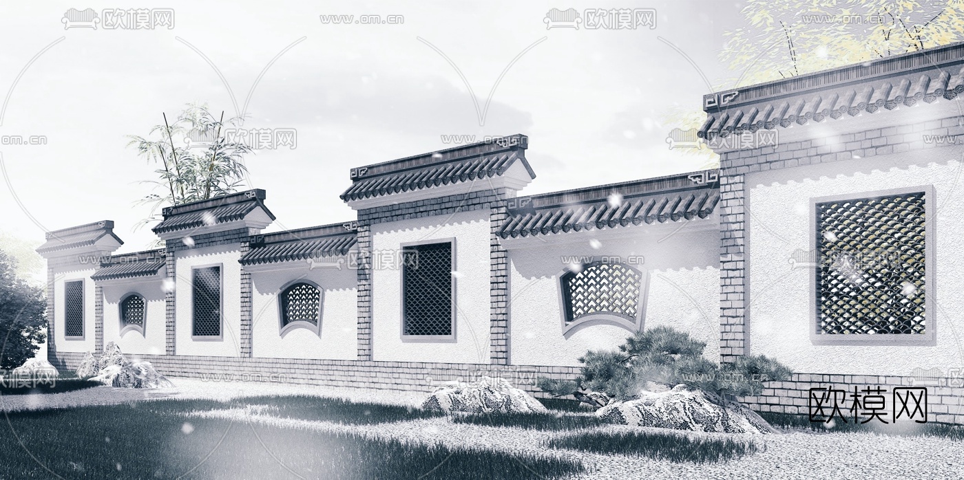 中式徽派园林围墙3d模型下载
