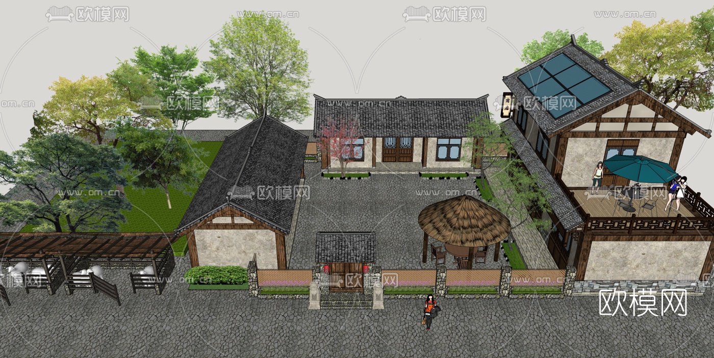 中式农家乐休闲山庄su模型下载（渲染图1）