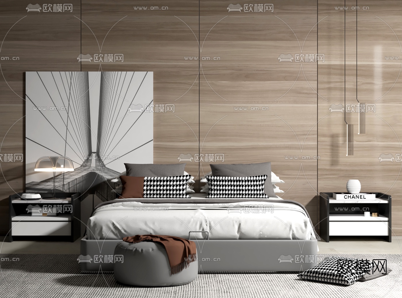 现代布艺双人床su模型下载（渲染图2）