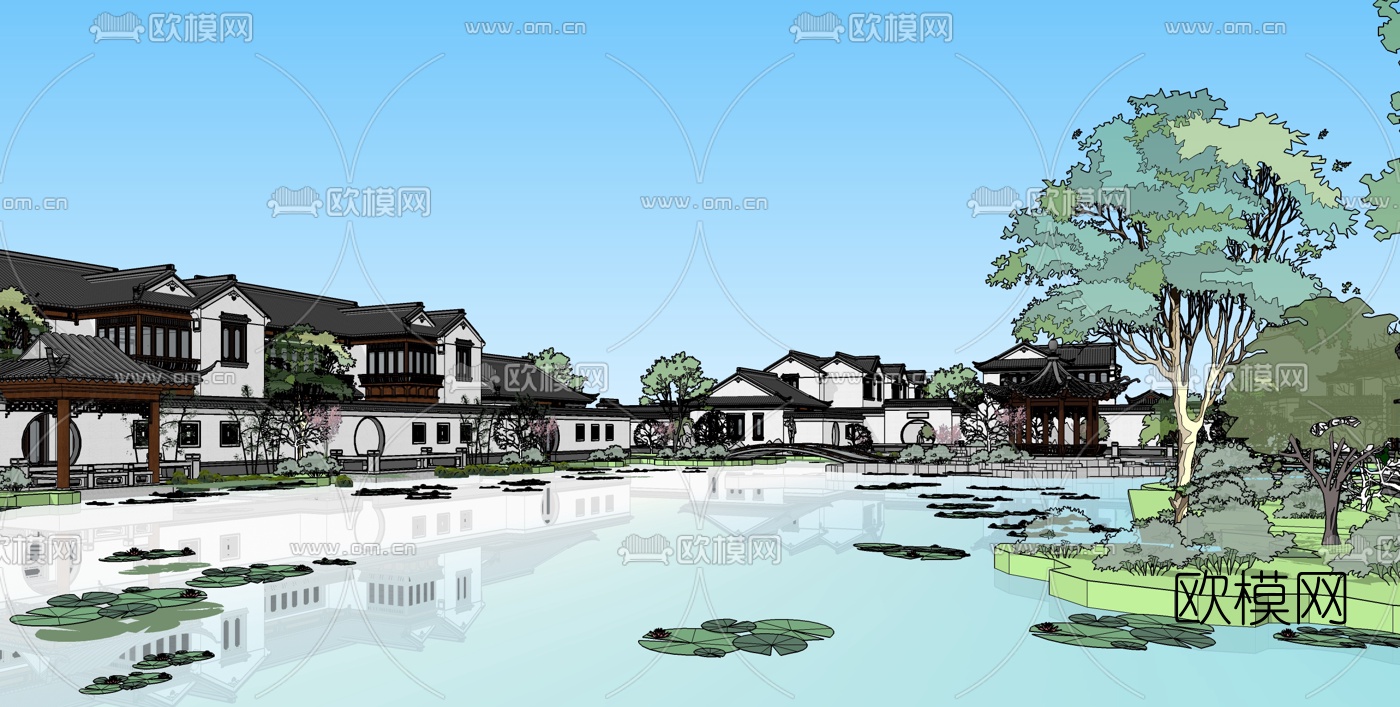 中式古建园林建筑外观su模型-免费3dmax模型库-欧模网