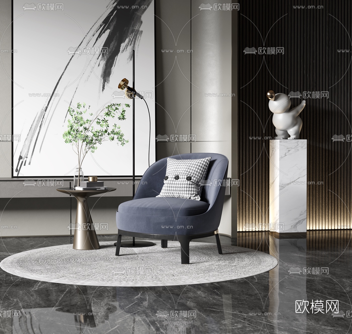 现代绒布单人沙发圆几3d模型