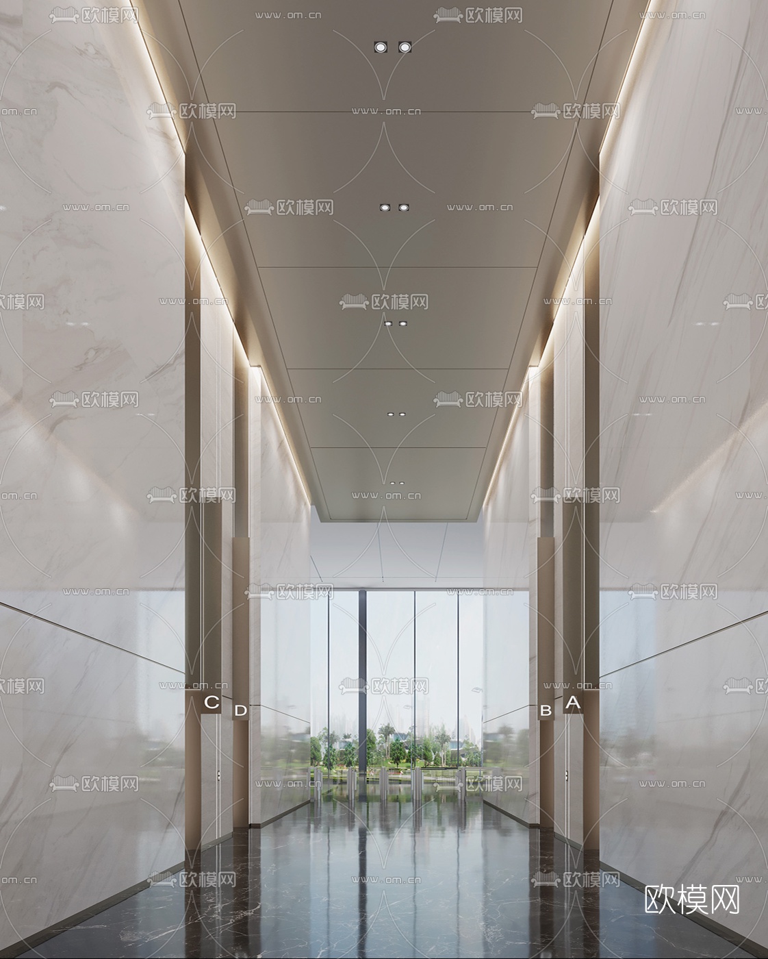 现代写字楼电梯厅3d模型下载（渲染图1）