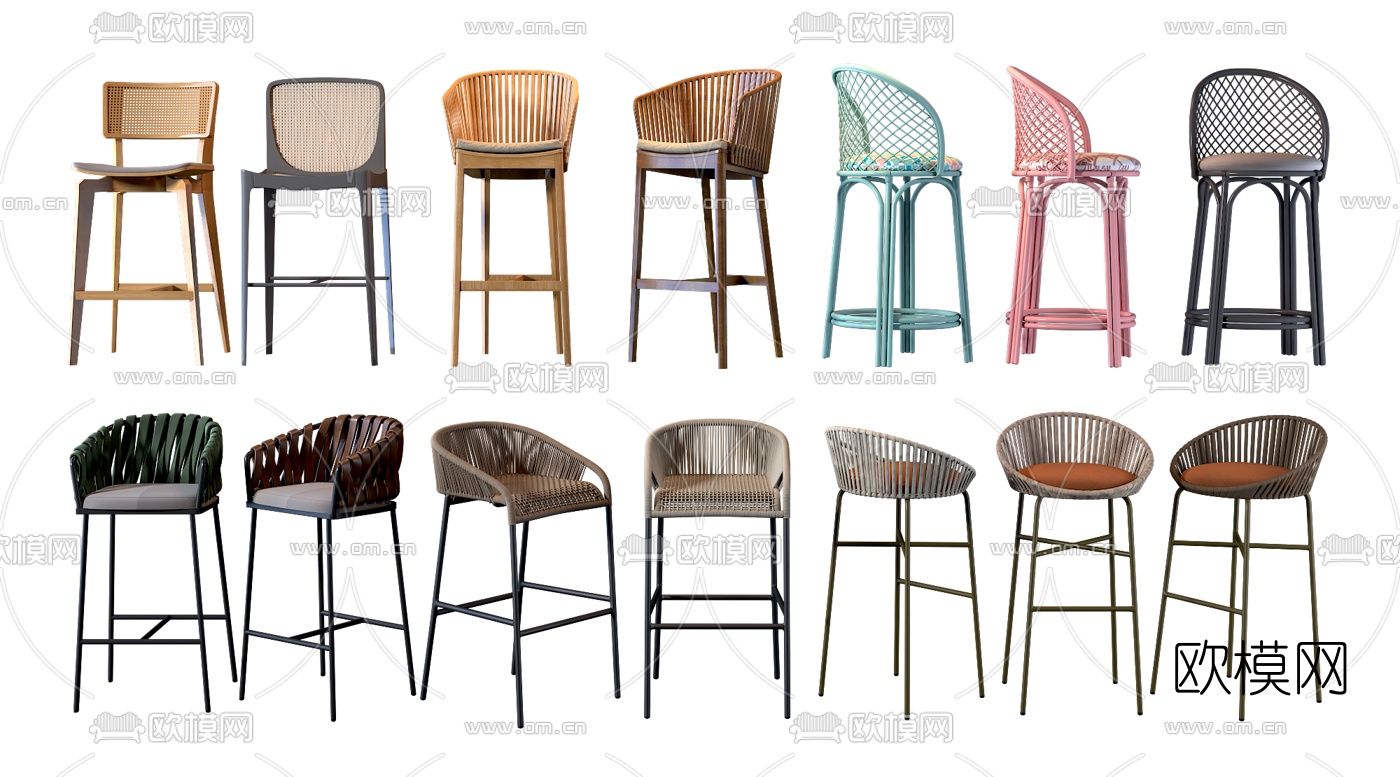 现代藤编吧台椅3d模型下载