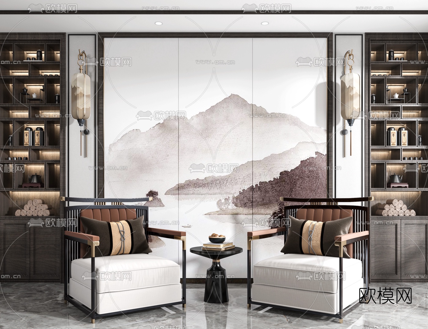 新中式布艺靠背单人沙发3d模型下载