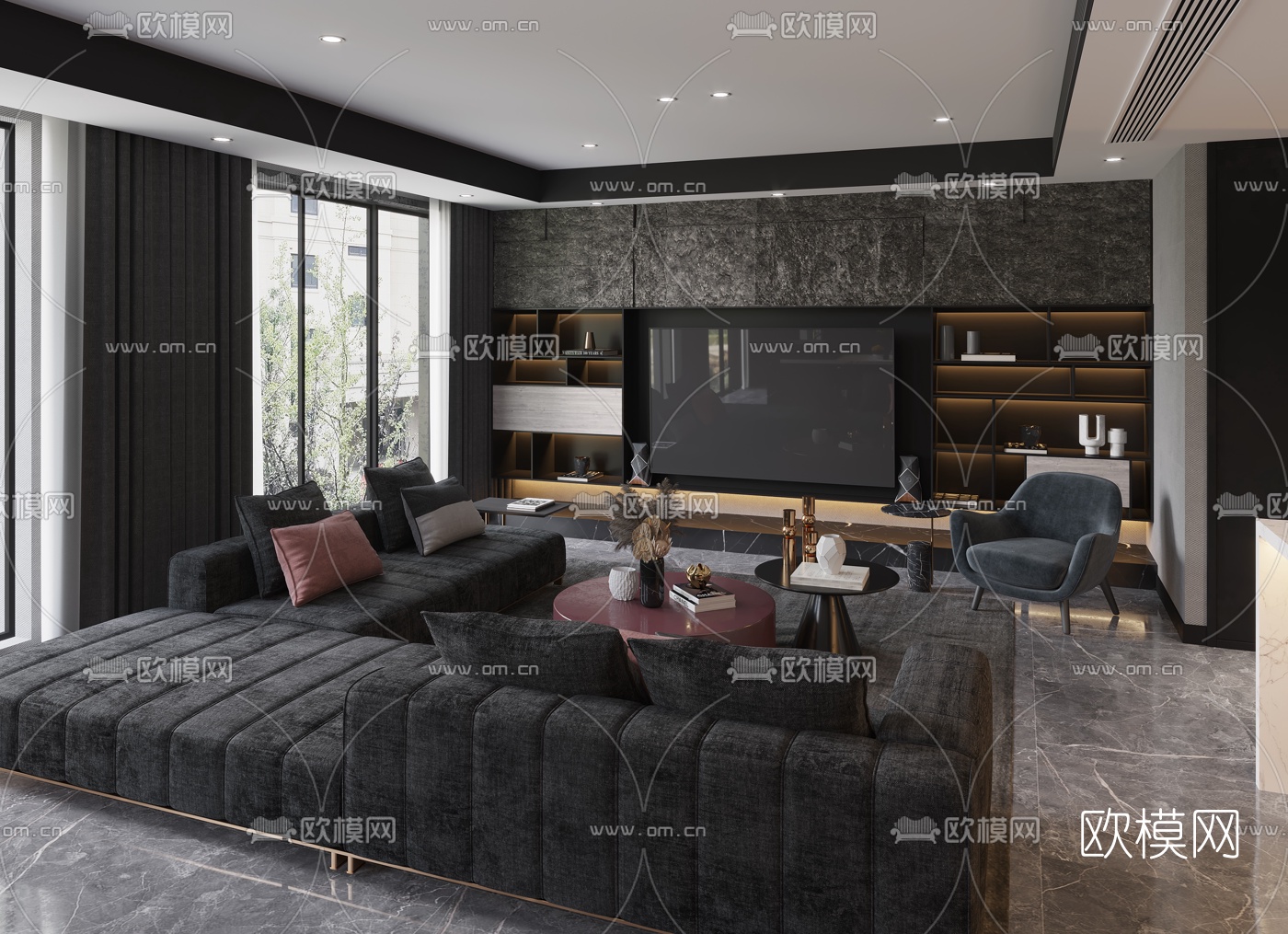 现代轻奢高级灰客厅餐厅3d模型下载（渲染图3）