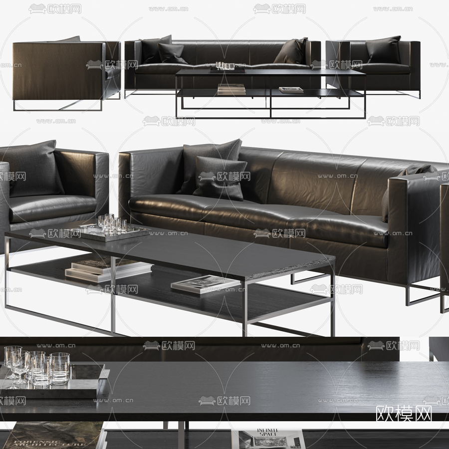 现代皮革办公沙发组合3d模型下载（渲染图1）