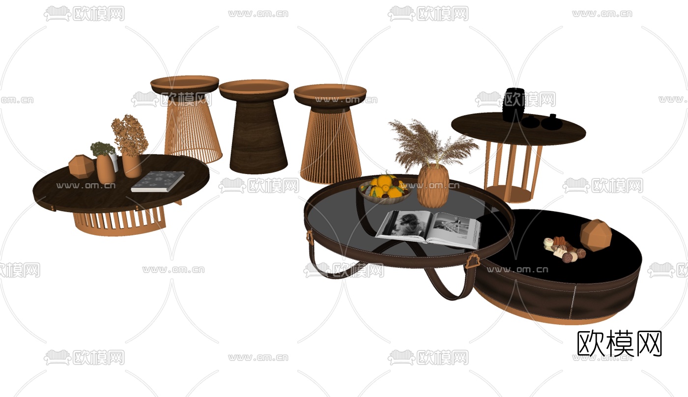 现代轻奢茶几边几组合su模型下载（渲染图1）