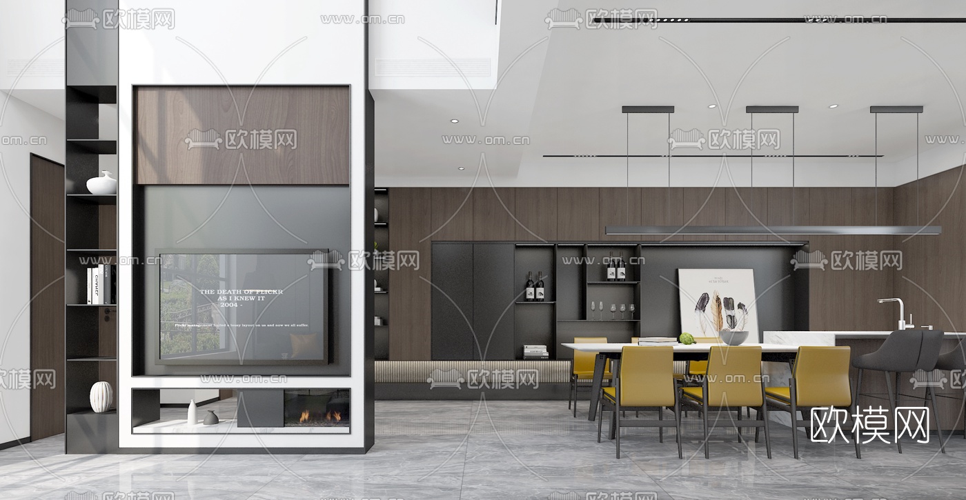 现代别墅大堂餐厅3d模型下载（渲染图2）