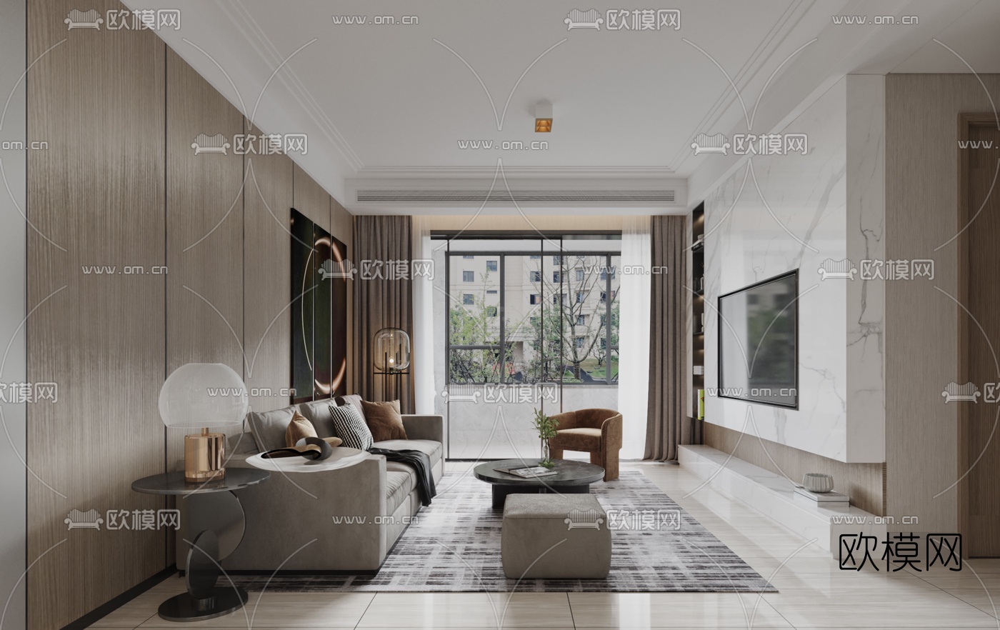 现代简约客厅餐厅3d模型下载（渲染图2）