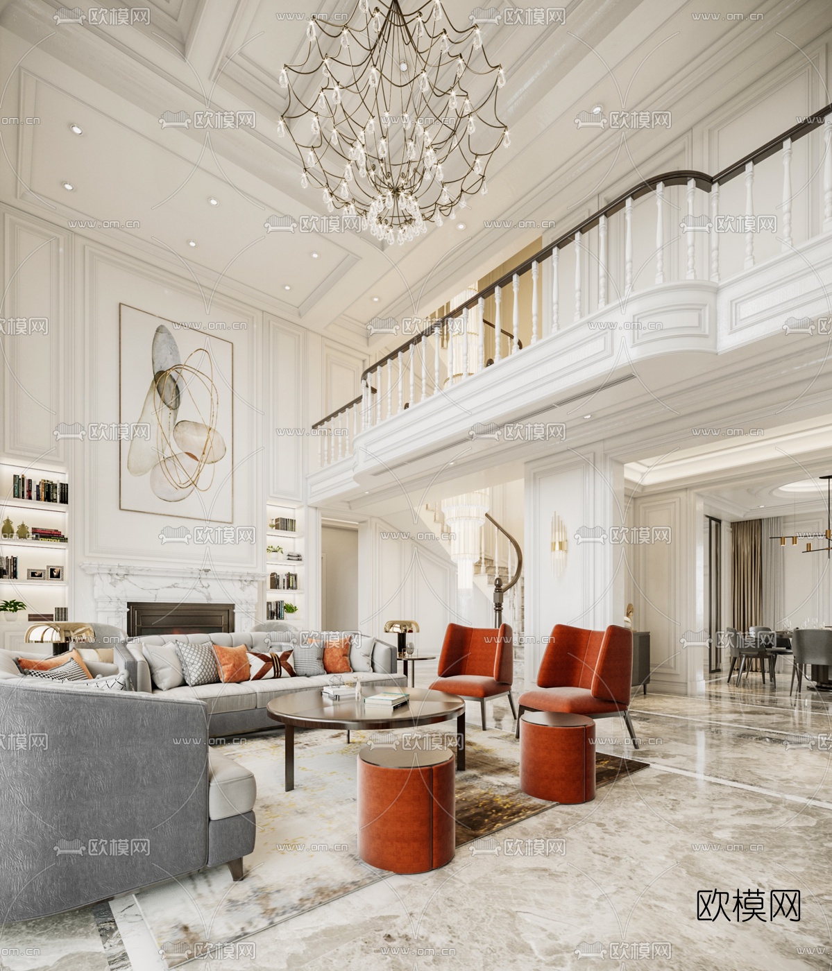 美式轻奢别墅客厅3d模型下载