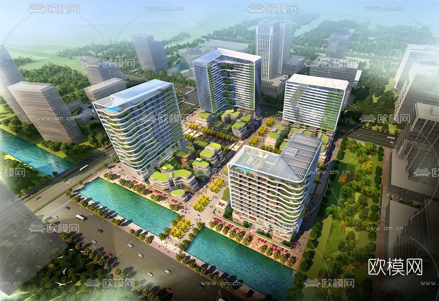 现代办公园区鸟瞰su模型下载（渲染图1）