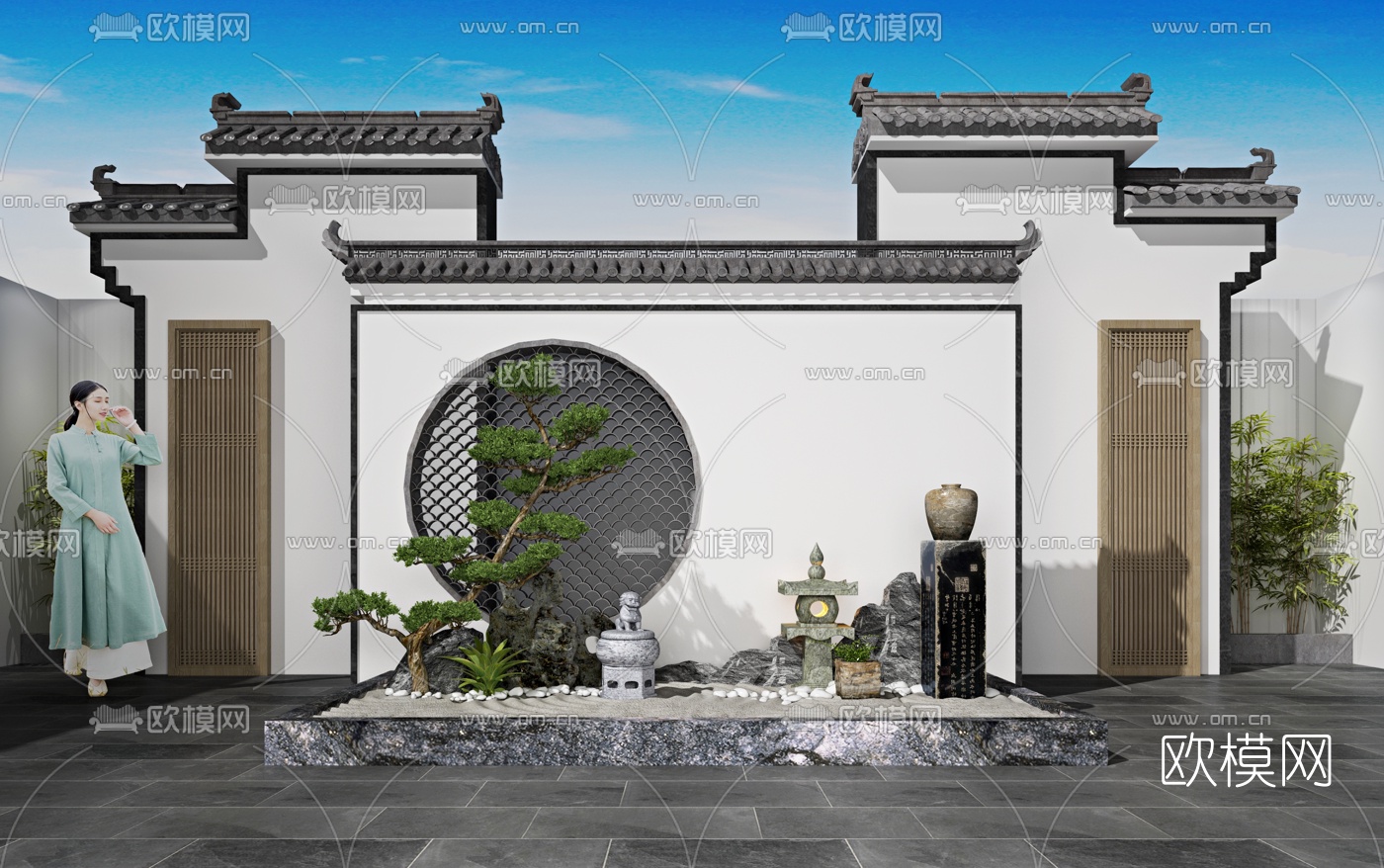 新中式景观墙假山园艺小品3d模型下载