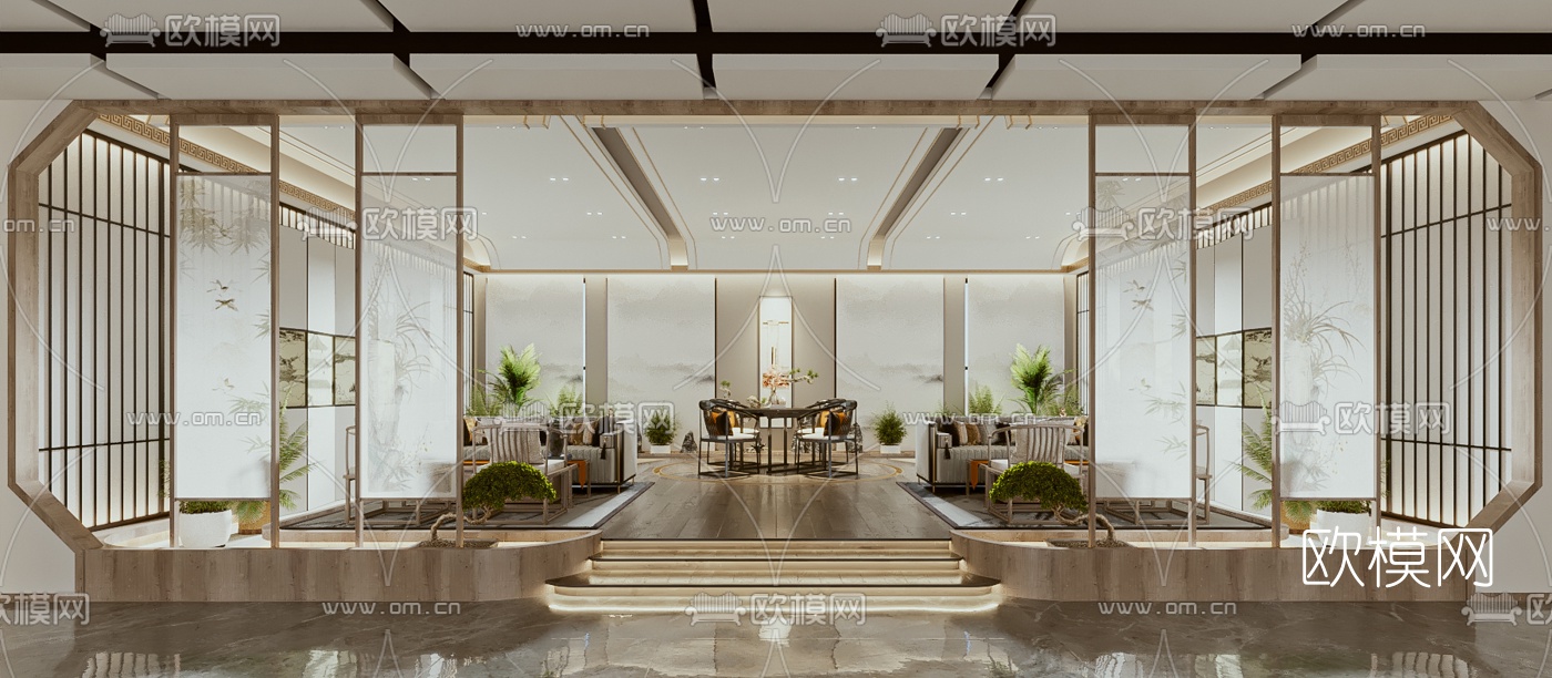 新中式售楼处洽谈区3d模型下载（渲染图1）