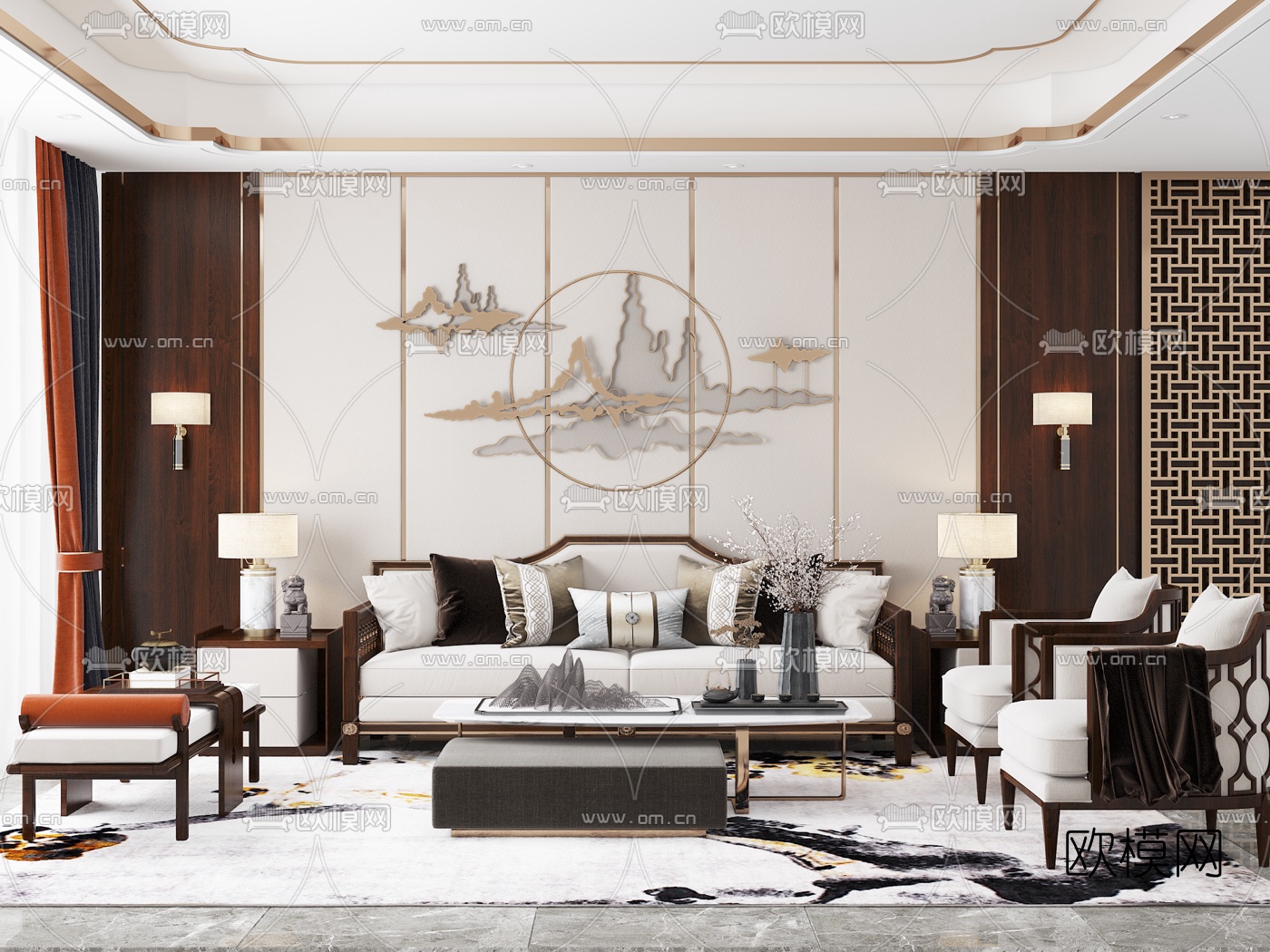 新中式实木沙发组合3d模型下载