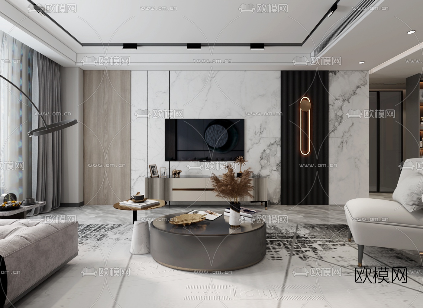 现代轻奢客厅餐厅3d模型下载（渲染图3）