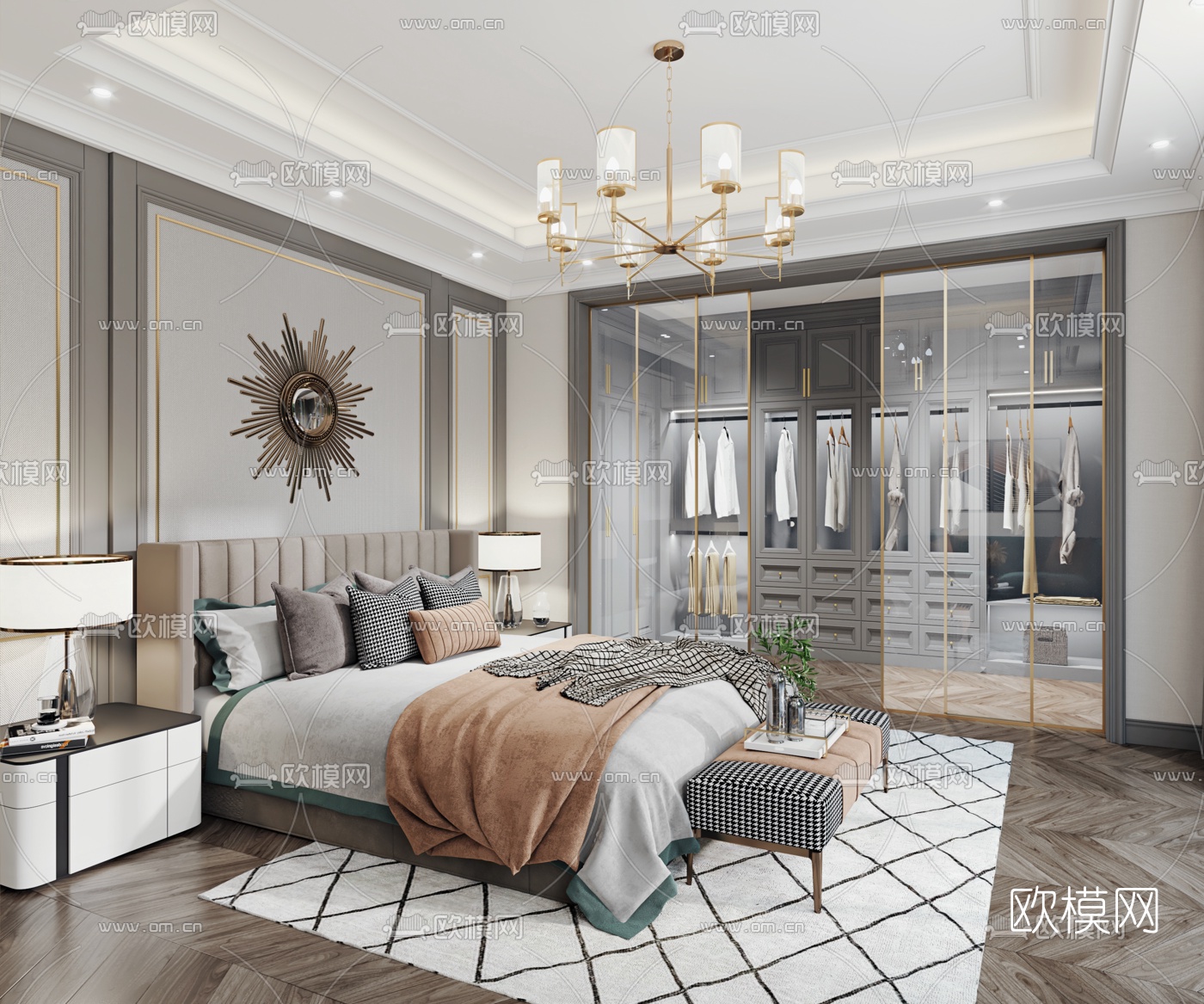 简欧轻奢主人房卧室3d模型下载（渲染图1）