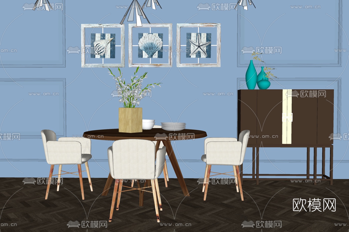 北欧实木圆形餐桌椅su模型
