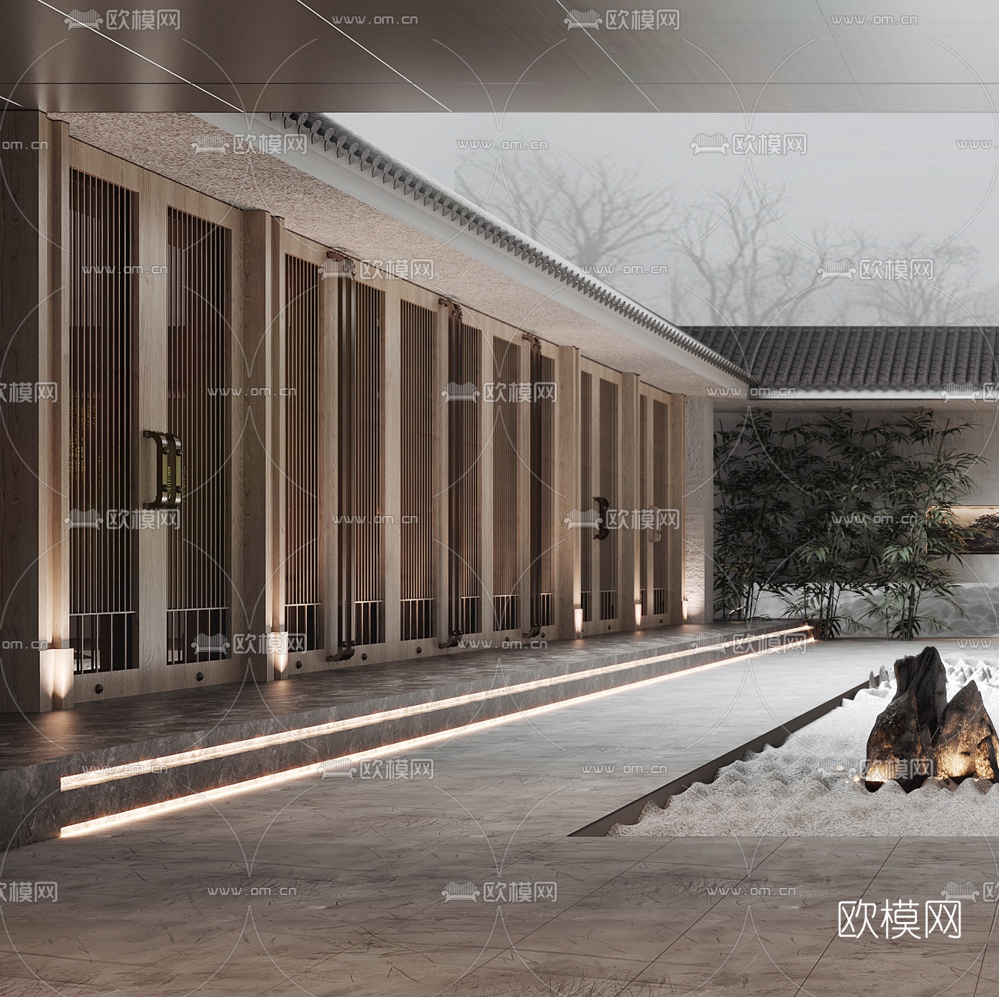 新中式酒店会所中庭3d模型