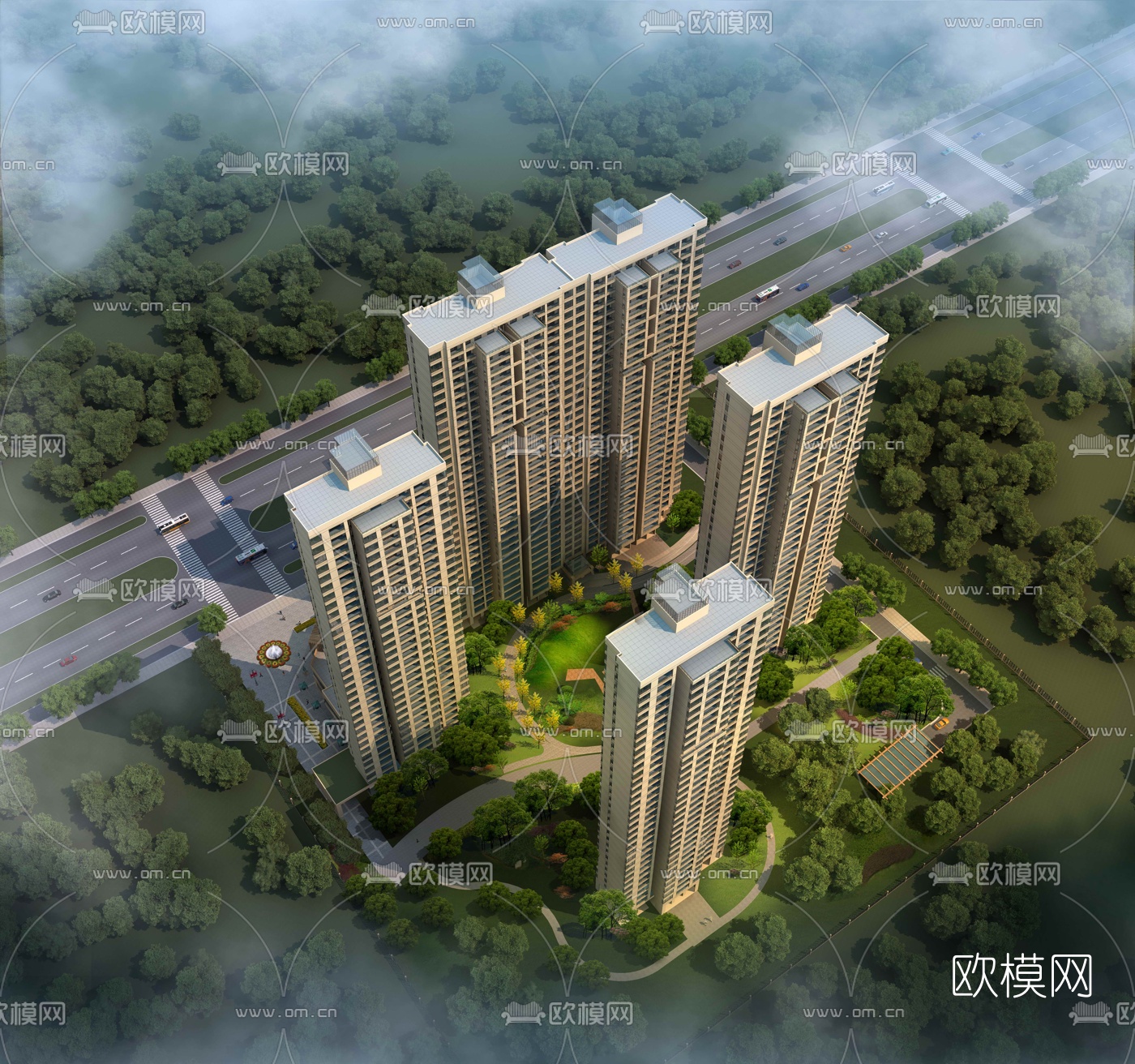 现代住宅小区鸟瞰3d模型下载